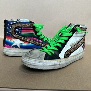 golden goose Slide multicoloured flag and leopard-print pony skin rare 38